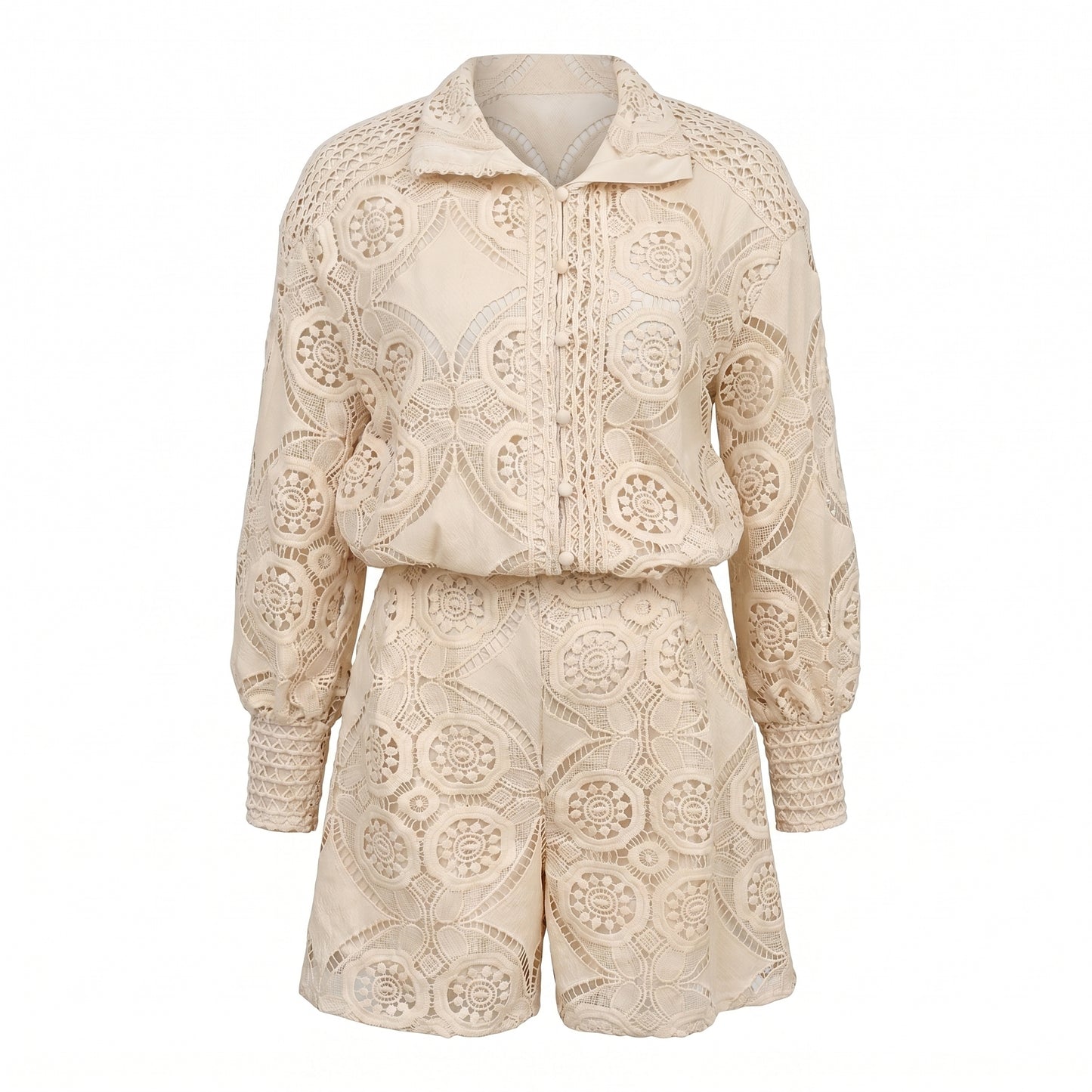 Vivienne Women's Crochet Lace Co-Ord Set, Stand Collar Button Front