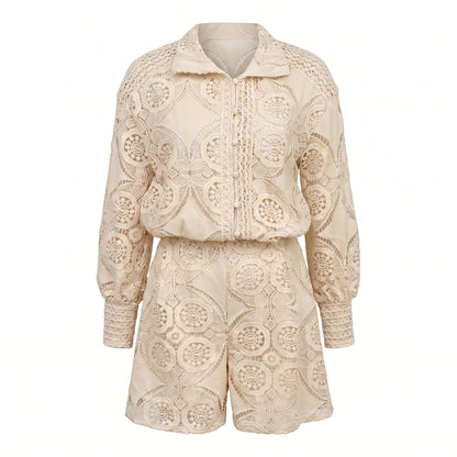 Vivienne Women's Crochet Lace Co-Ord Set, Stand Collar Button Front