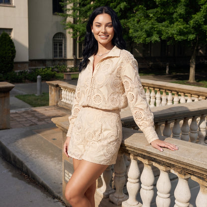 Vivienne Women's Crochet Lace Co-Ord Set, Stand Collar Button Front