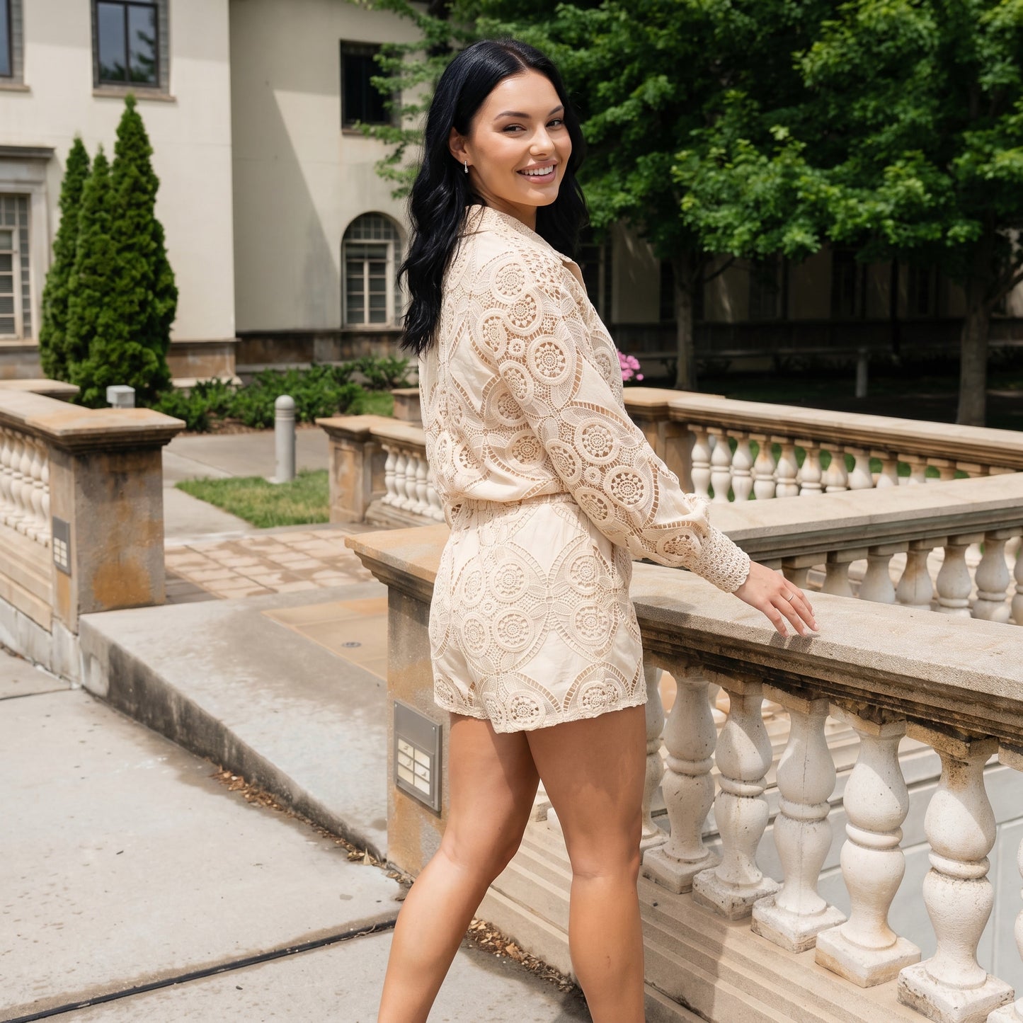 Vivienne Women's Crochet Lace Co-Ord Set, Stand Collar Button Front