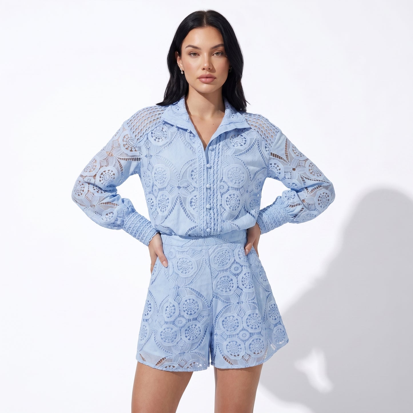 Vivienne Women's Crochet Lace Co-Ord Set, Stand Collar Button Front
