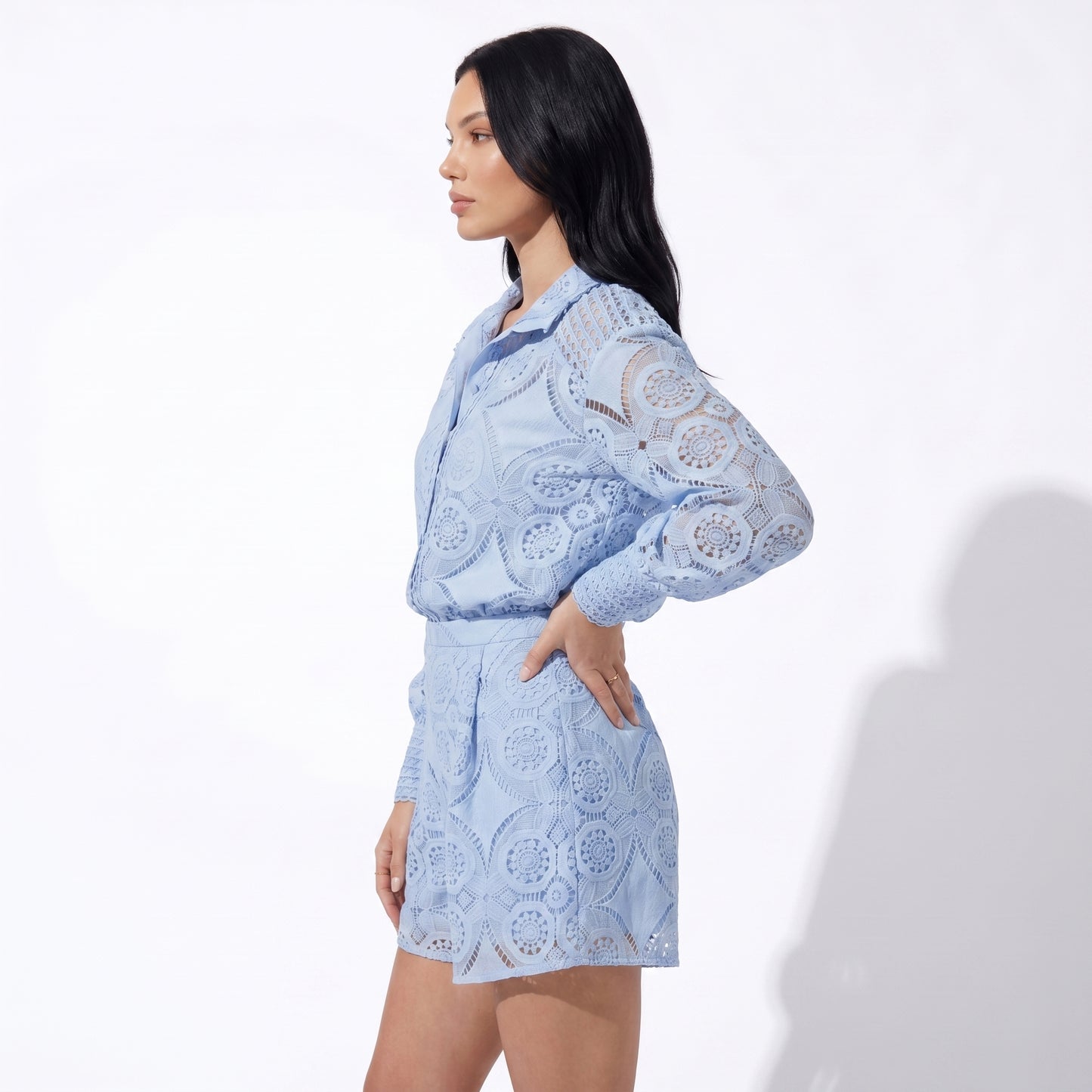 Vivienne Women's Crochet Lace Co-Ord Set, Stand Collar Button Front
