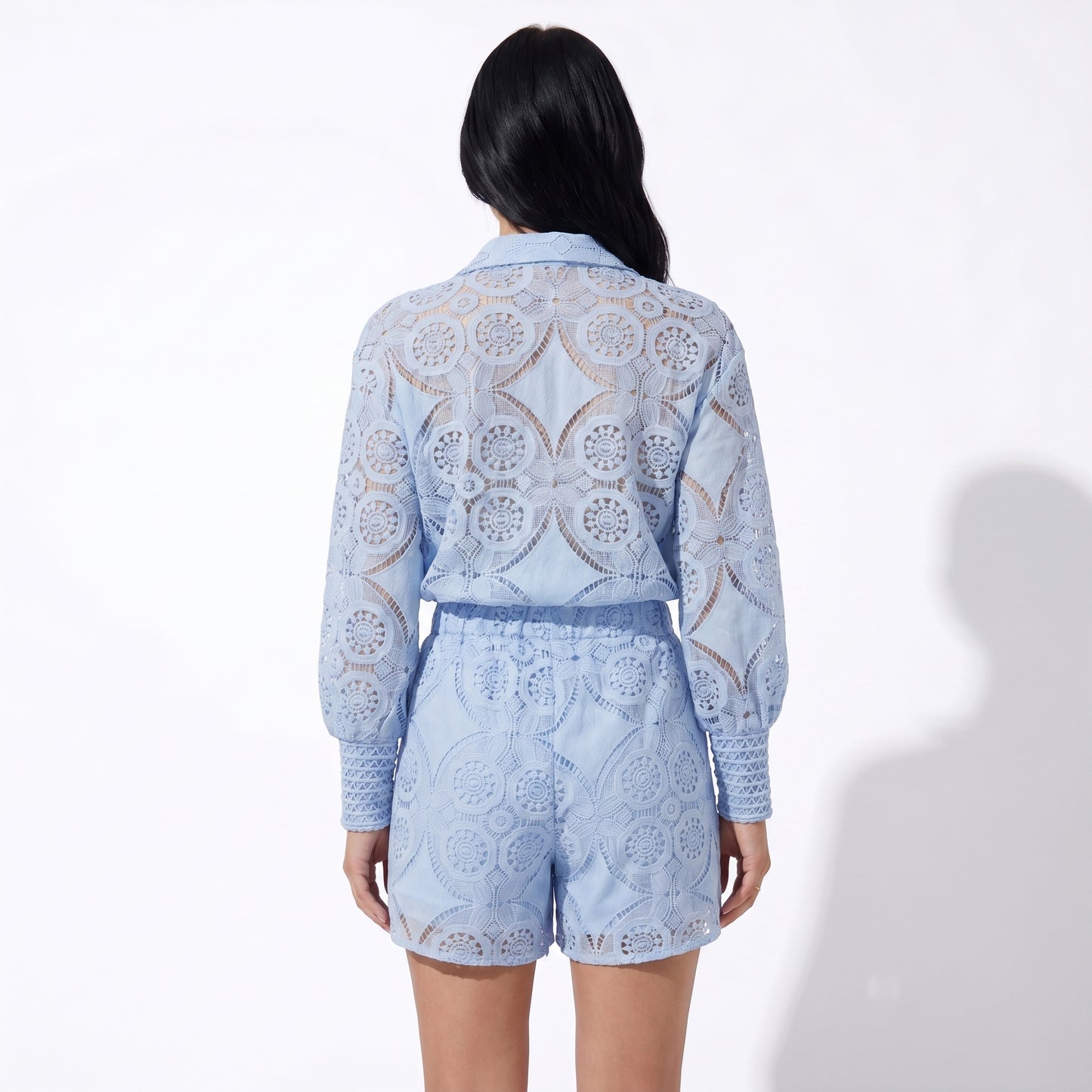 Vivienne Women's Crochet Lace Co-Ord Set, Stand Collar Button Front