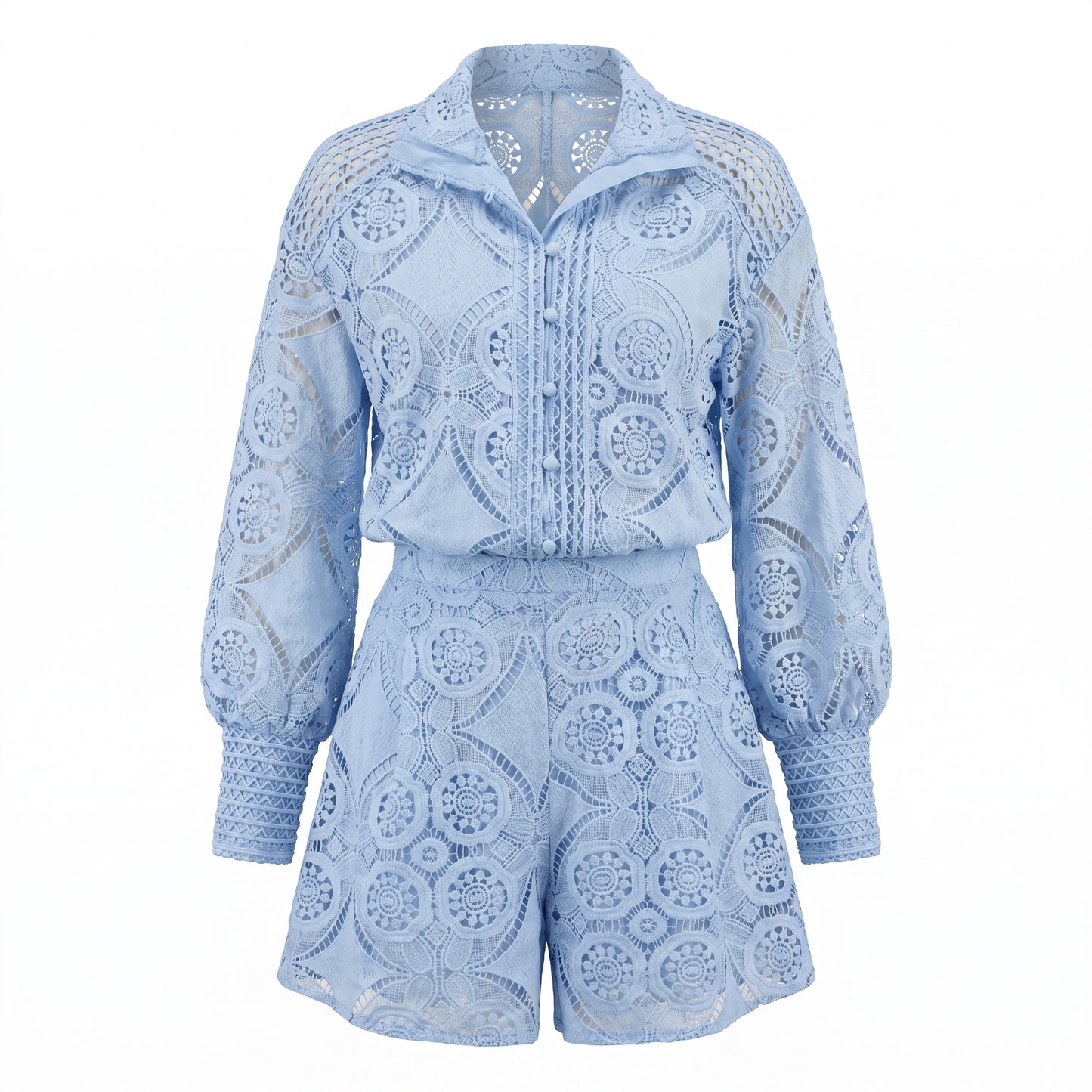 Vivienne Women's Crochet Lace Co-Ord Set, Stand Collar Button Front