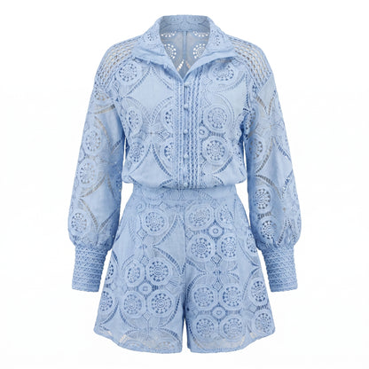 Vivienne Women's Crochet Lace Co-Ord Set, Stand Collar Button Front