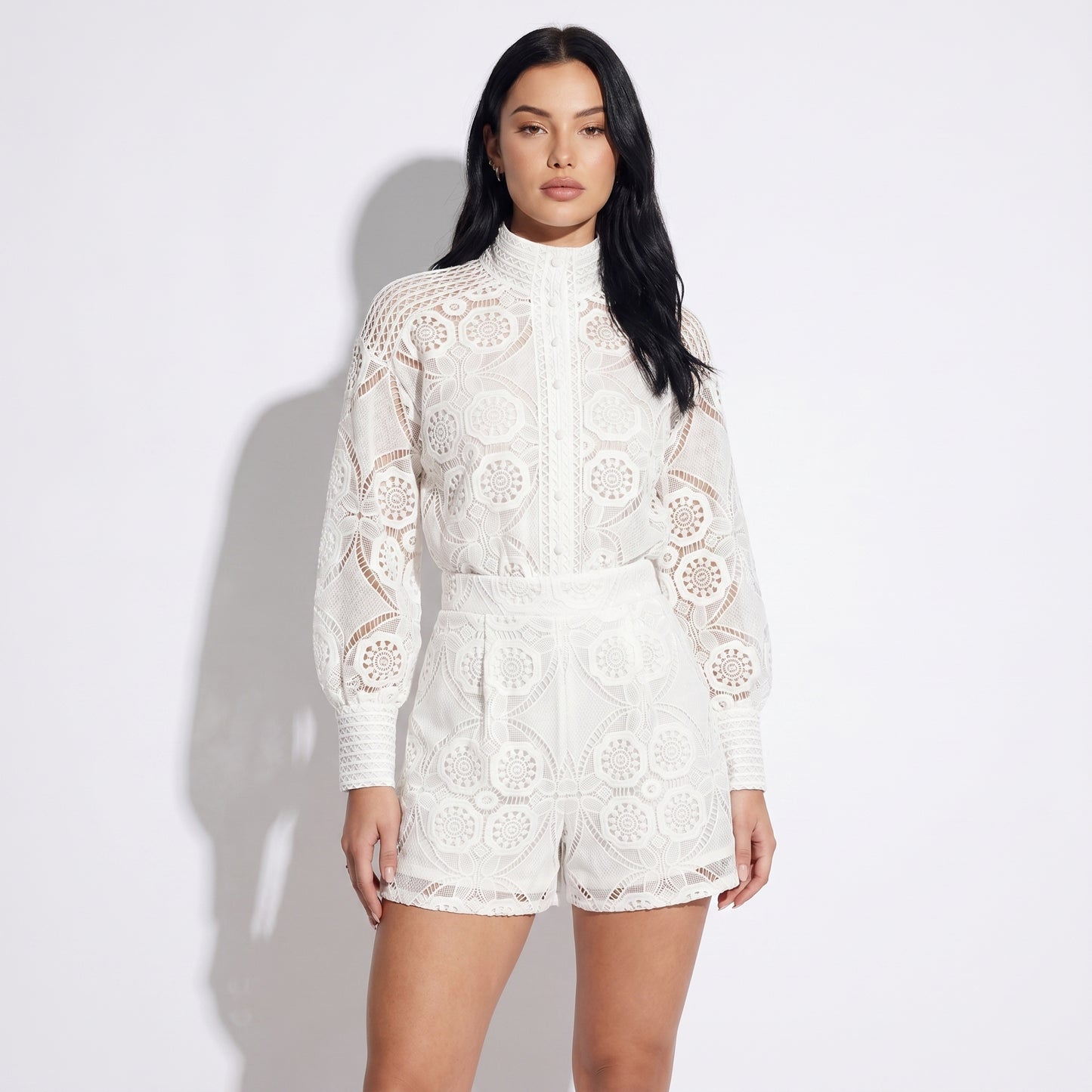 Vivienne Women's Crochet Lace Co-Ord Set, Stand Collar Button Front
