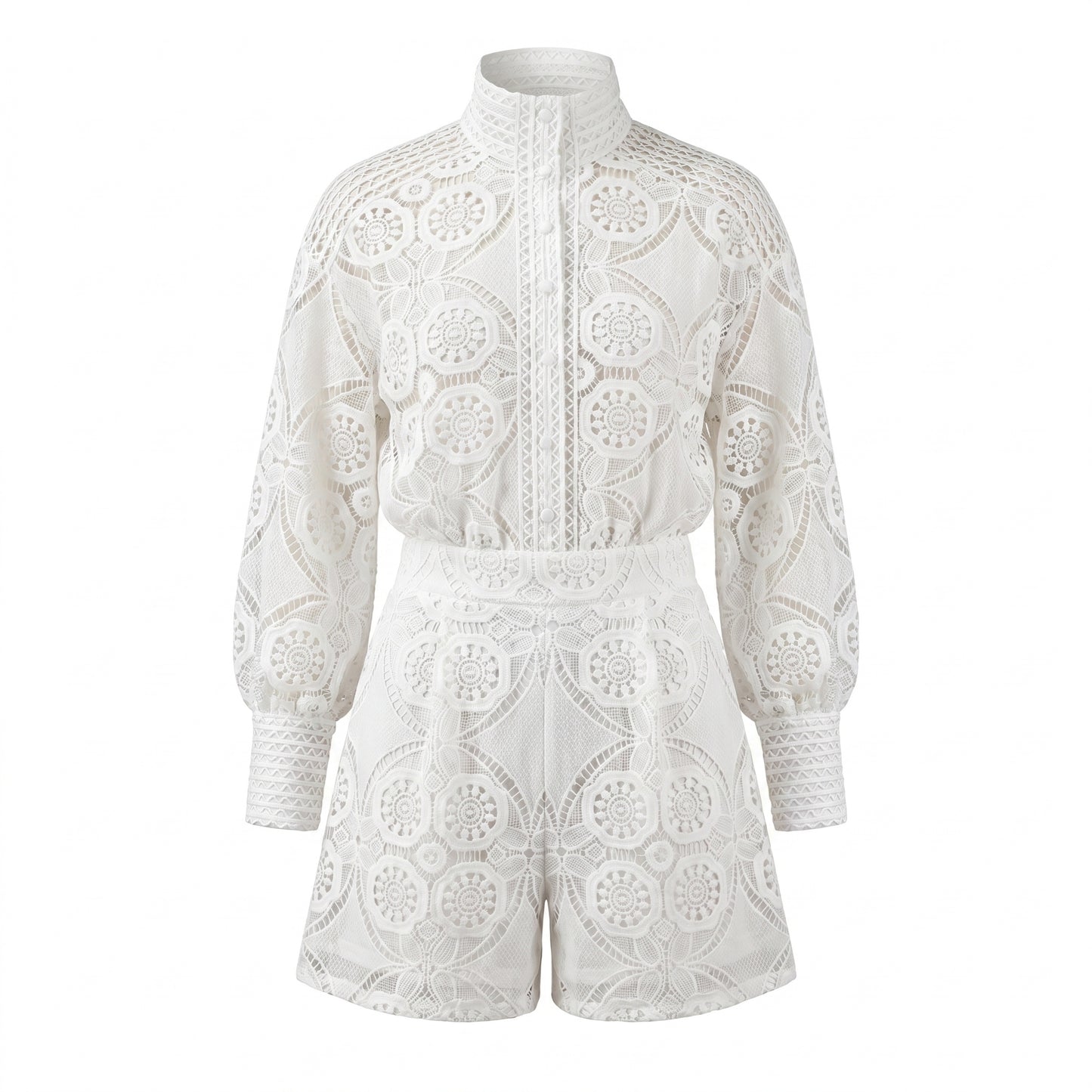 Vivienne Women's Crochet Lace Co-Ord Set, Stand Collar Button Front