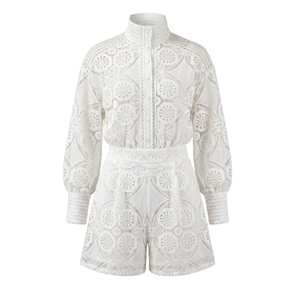 Vivienne Women's Crochet Lace Co-Ord Set, Stand Collar Button Front