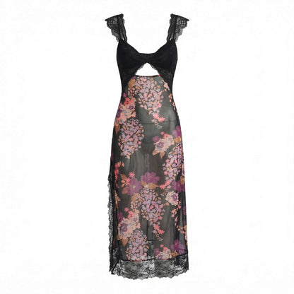 Vivienne | Women’s Polyester Sleeveless Midi Dress, Lace-Trim Slit