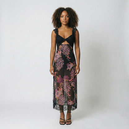 Vivienne | Women’s Polyester Sleeveless Midi Dress, Lace-Trim Slit