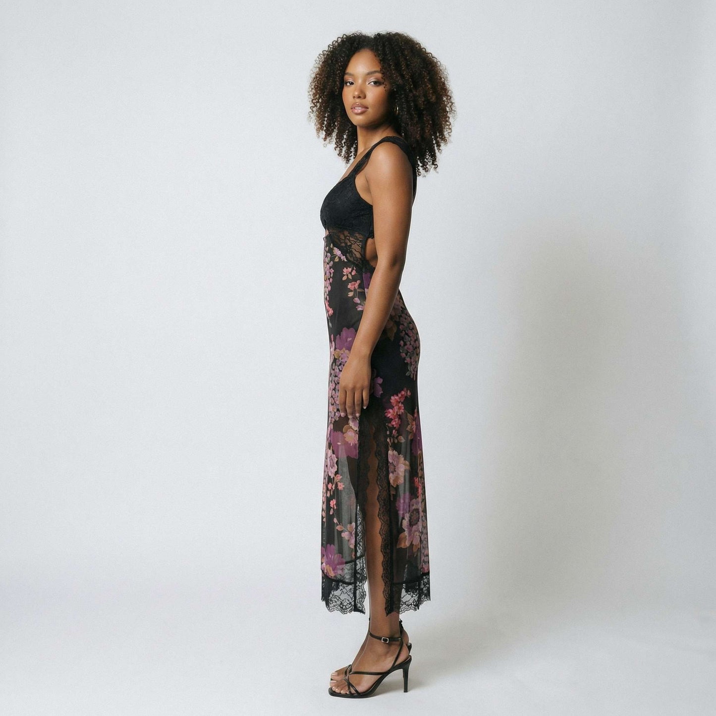 Vivienne | Women’s Polyester Sleeveless Midi Dress, Lace-Trim Slit