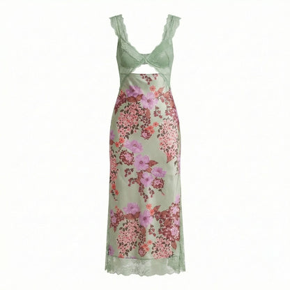 Vivienne | Women’s Polyester Sleeveless Midi Dress, Lace-Trim Slit