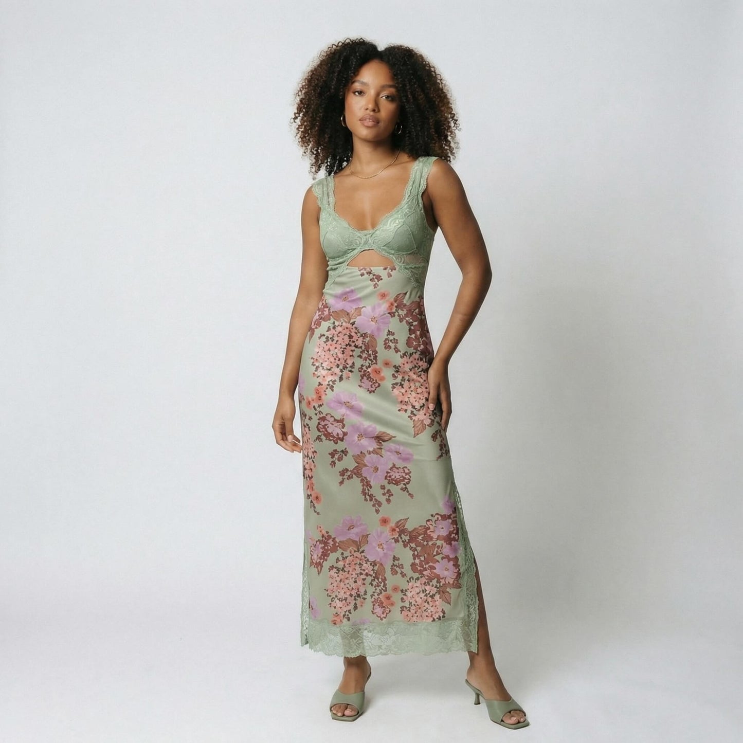 Vivienne | Women’s Polyester Sleeveless Midi Dress, Lace-Trim Slit