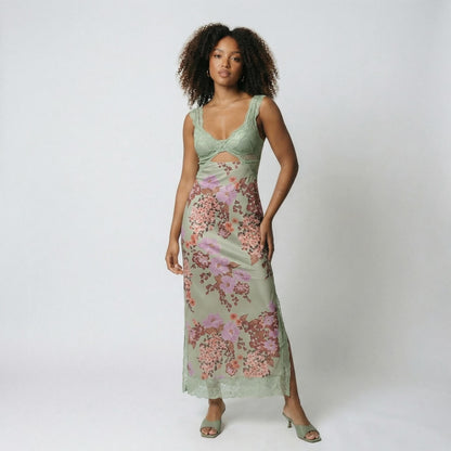 Vivienne | Women’s Polyester Sleeveless Midi Dress, Lace-Trim Slit