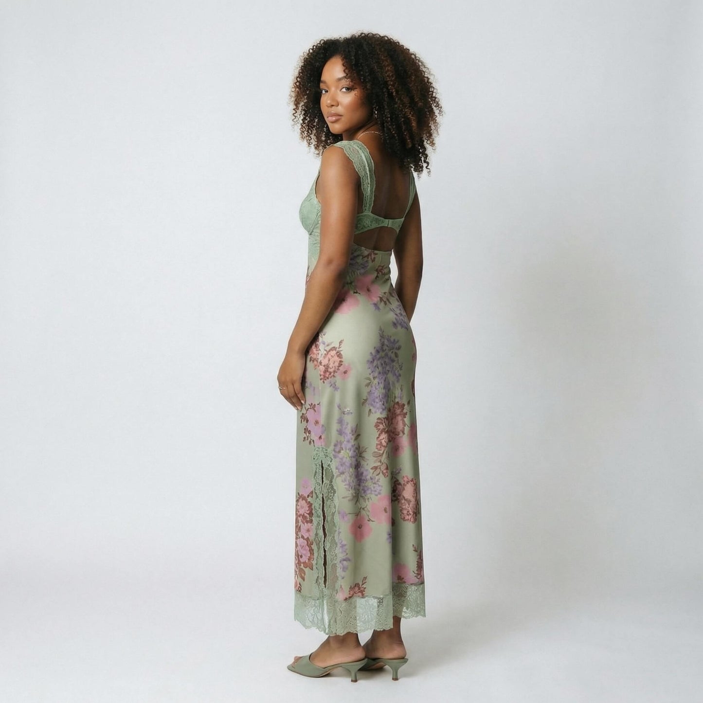 Vivienne | Women’s Polyester Sleeveless Midi Dress, Lace-Trim Slit