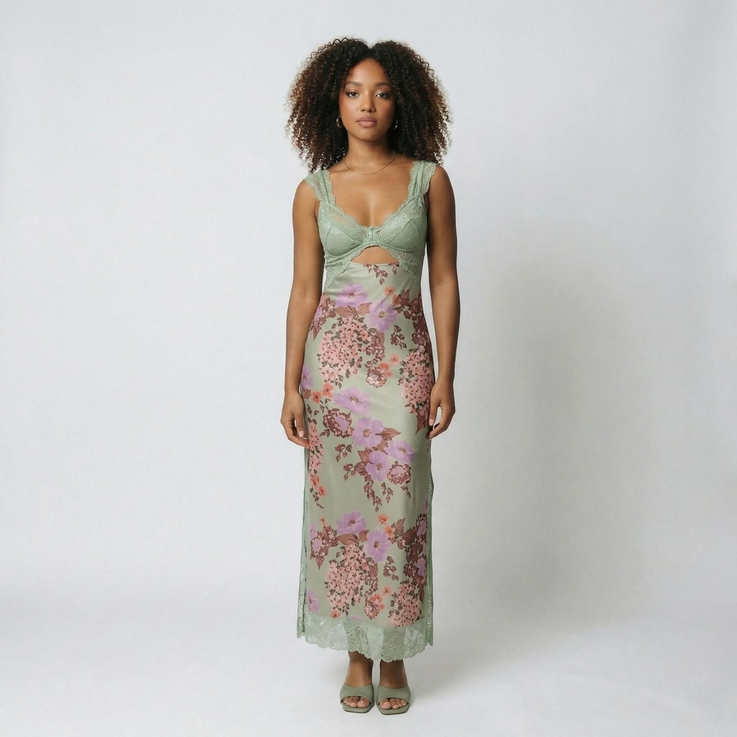 Vivienne | Women’s Polyester Sleeveless Midi Dress, Lace-Trim Slit