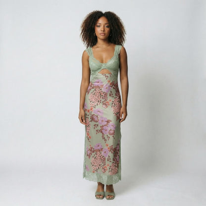 Vivienne | Women’s Polyester Sleeveless Midi Dress, Lace-Trim Slit