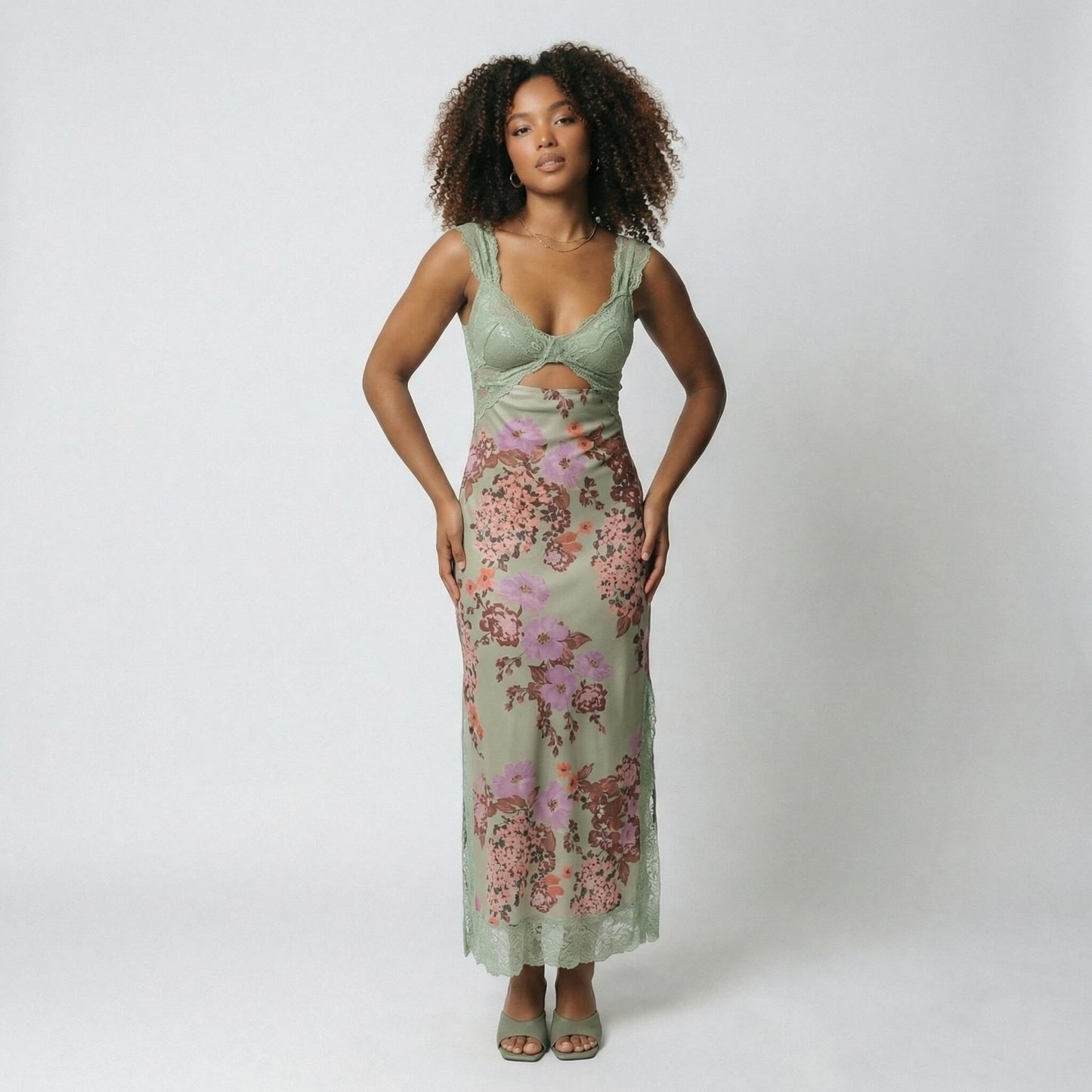 Vivienne | Women’s Polyester Sleeveless Midi Dress, Lace-Trim Slit