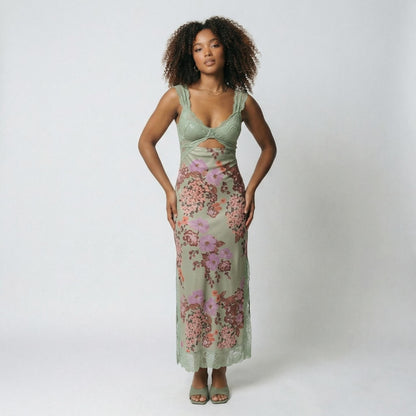 Vivienne | Women’s Polyester Sleeveless Midi Dress, Lace-Trim Slit