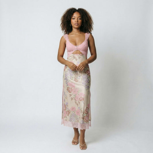 Vivienne | Women’s Polyester Sleeveless Midi Dress, Lace-Trim Slit