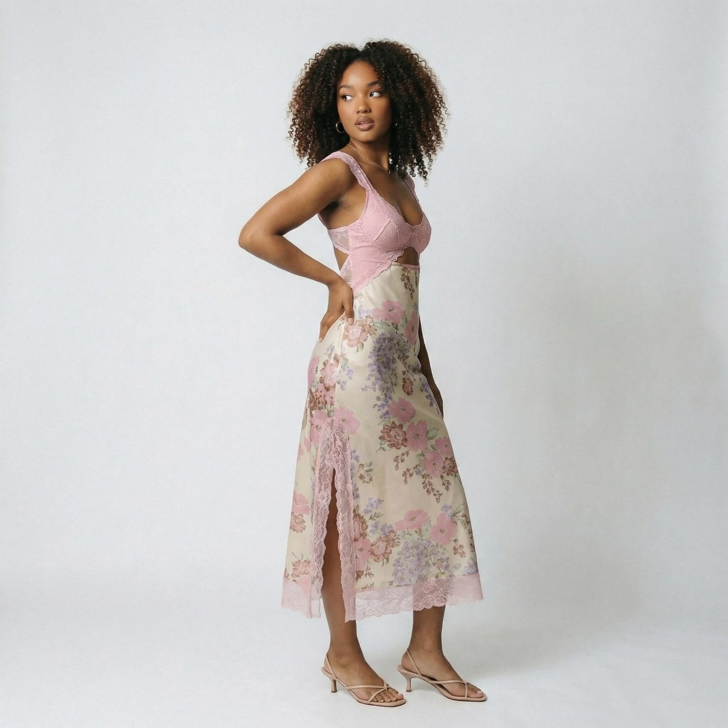 Vivienne | Women’s Polyester Sleeveless Midi Dress, Lace-Trim Slit