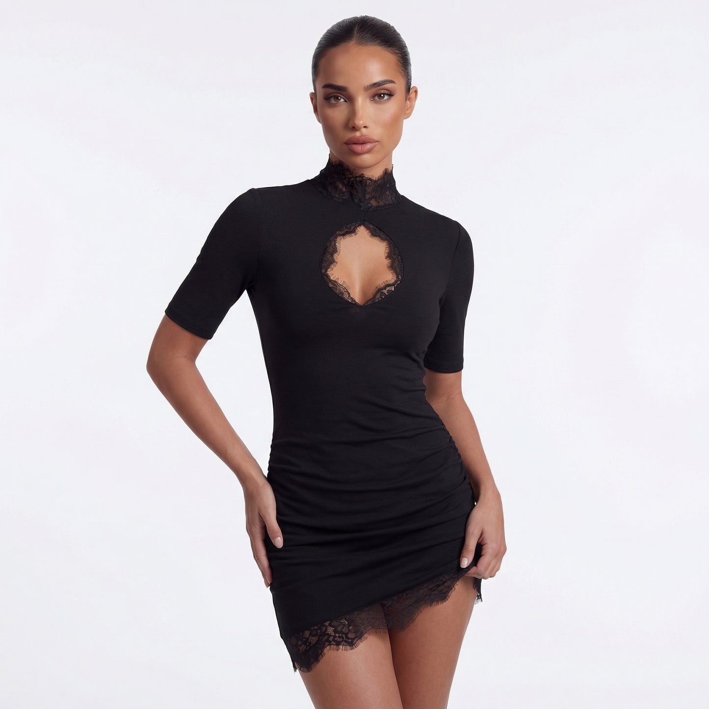 Women's Lace Trim Bodycon Mini Dress, High Neck Keyhole Evening