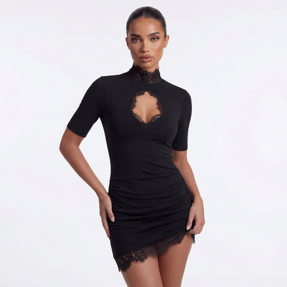 Women's Lace Trim Bodycon Mini Dress, High Neck Keyhole Evening