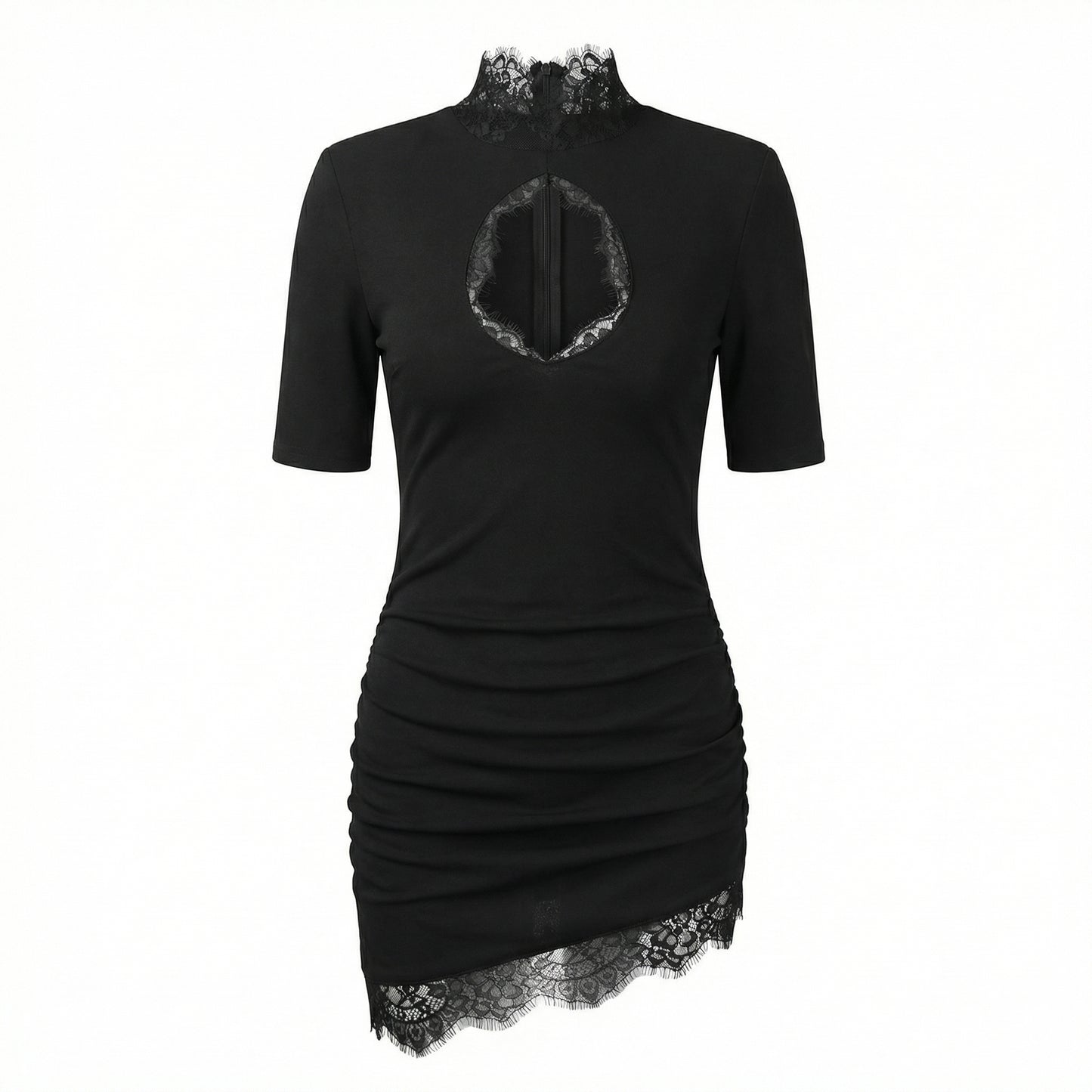 Women's Lace Trim Bodycon Mini Dress, High Neck Keyhole Evening
