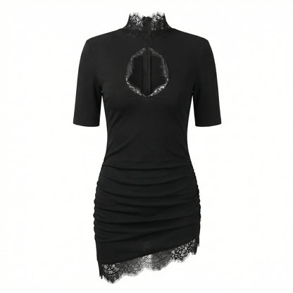 Women's Lace Trim Bodycon Mini Dress, High Neck Keyhole Evening