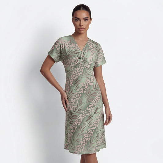 Women's Twisted Knot V-Neck Maxi Dress, Short Sleeve Printed Loose Fit