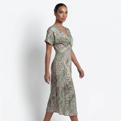 Women's Twisted Knot V-Neck Maxi Dress, Short Sleeve Printed Loose Fit