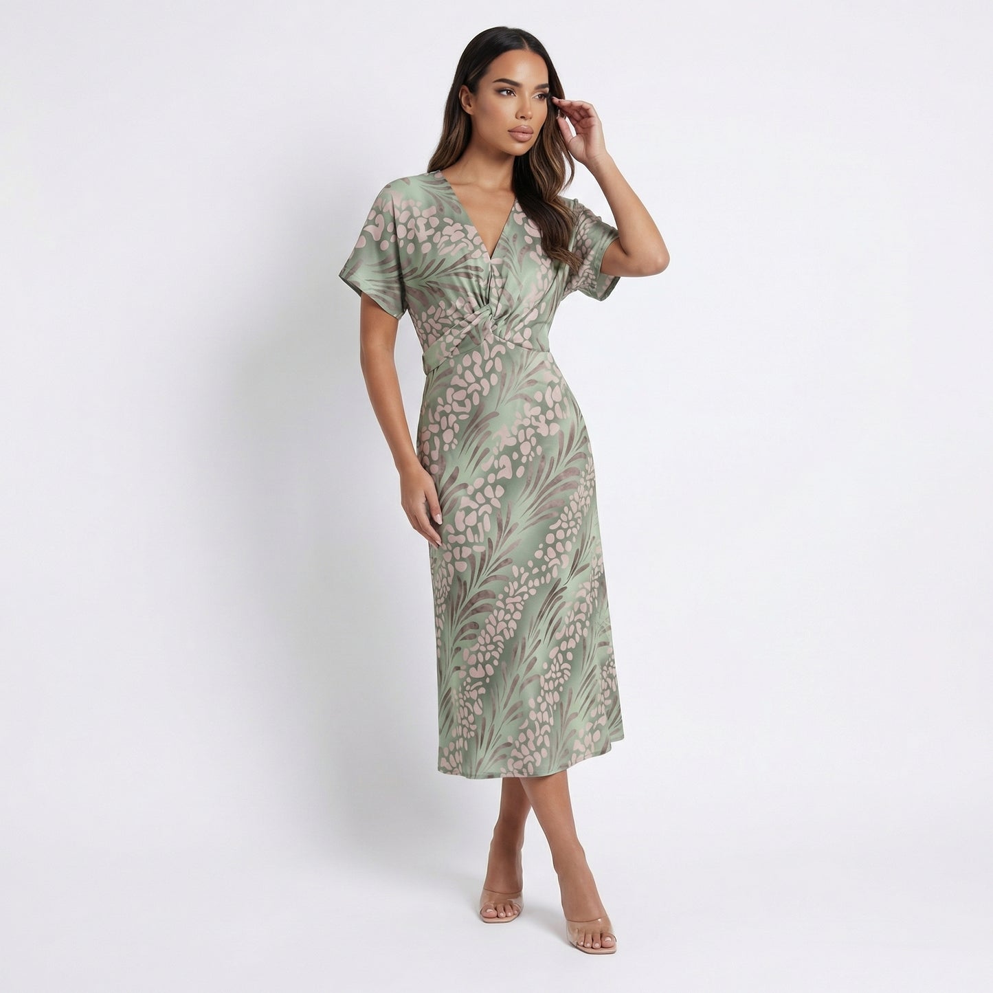 Women's Twisted Knot V-Neck Maxi Dress, Short Sleeve Printed Loose Fit