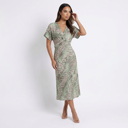 Women's Twisted Knot V-Neck Maxi Dress, Short Sleeve Printed Loose Fit