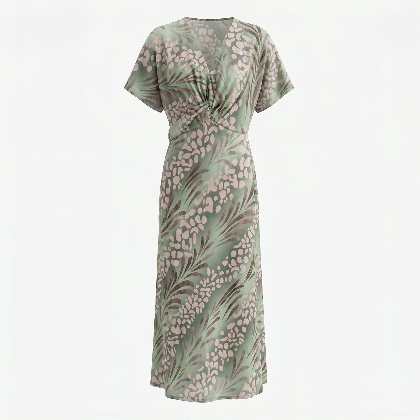 Women's Twisted Knot V-Neck Maxi Dress, Short Sleeve Printed Loose Fit