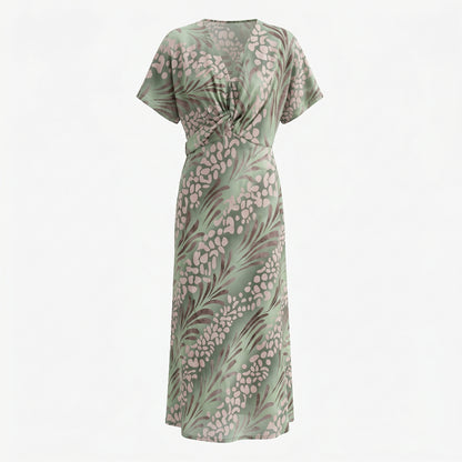 Women's Twisted Knot V-Neck Maxi Dress, Short Sleeve Printed Loose Fit