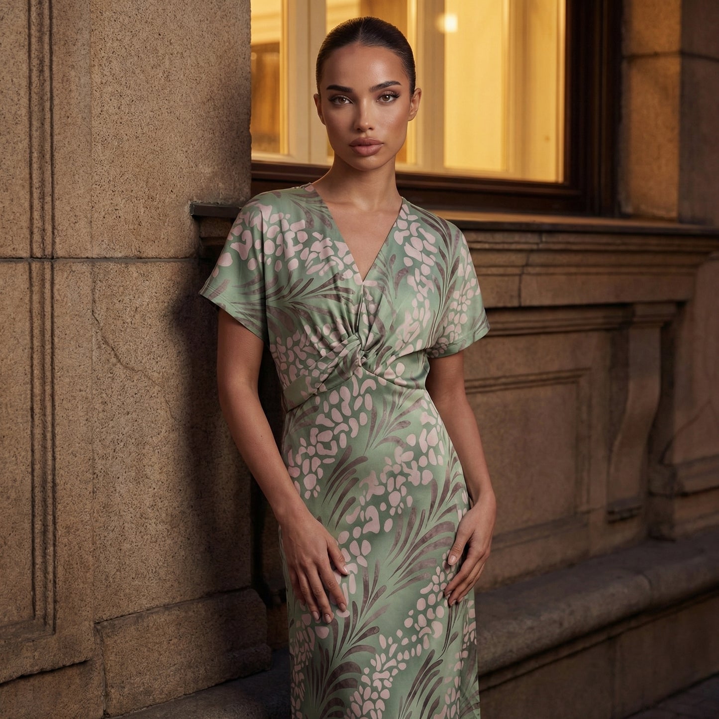 Women's Twisted Knot V-Neck Maxi Dress, Short Sleeve Printed Loose Fit