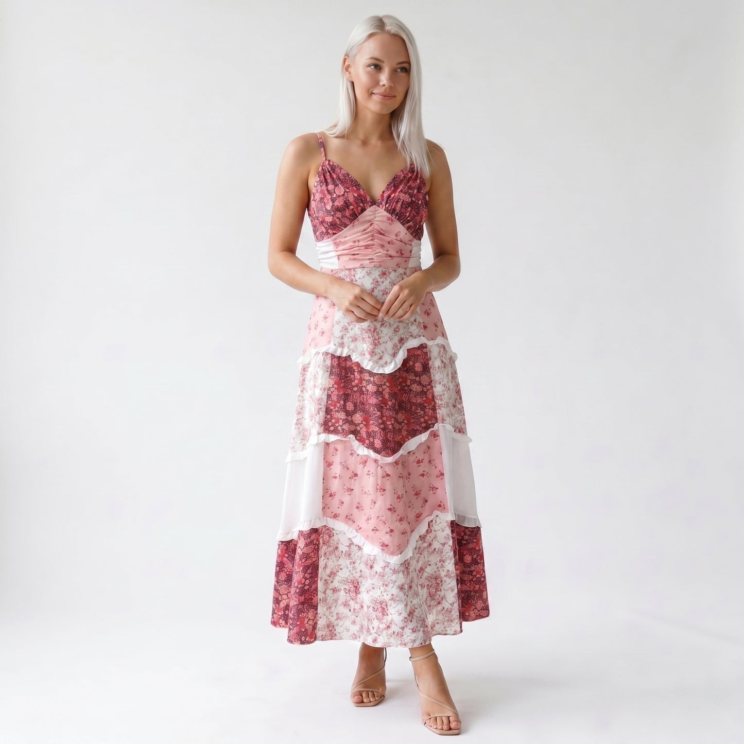 Wren Women's Maxi Dress Floral Patchwork Ruffle, Strappy