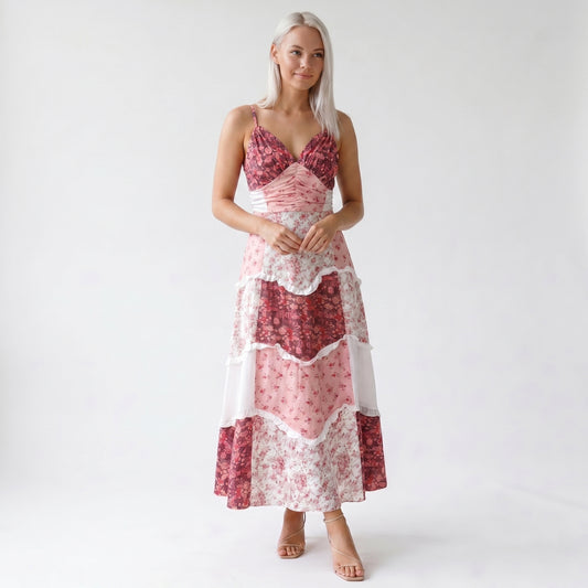 Wren Women's Maxi Dress Floral Patchwork Ruffle, Strappy
