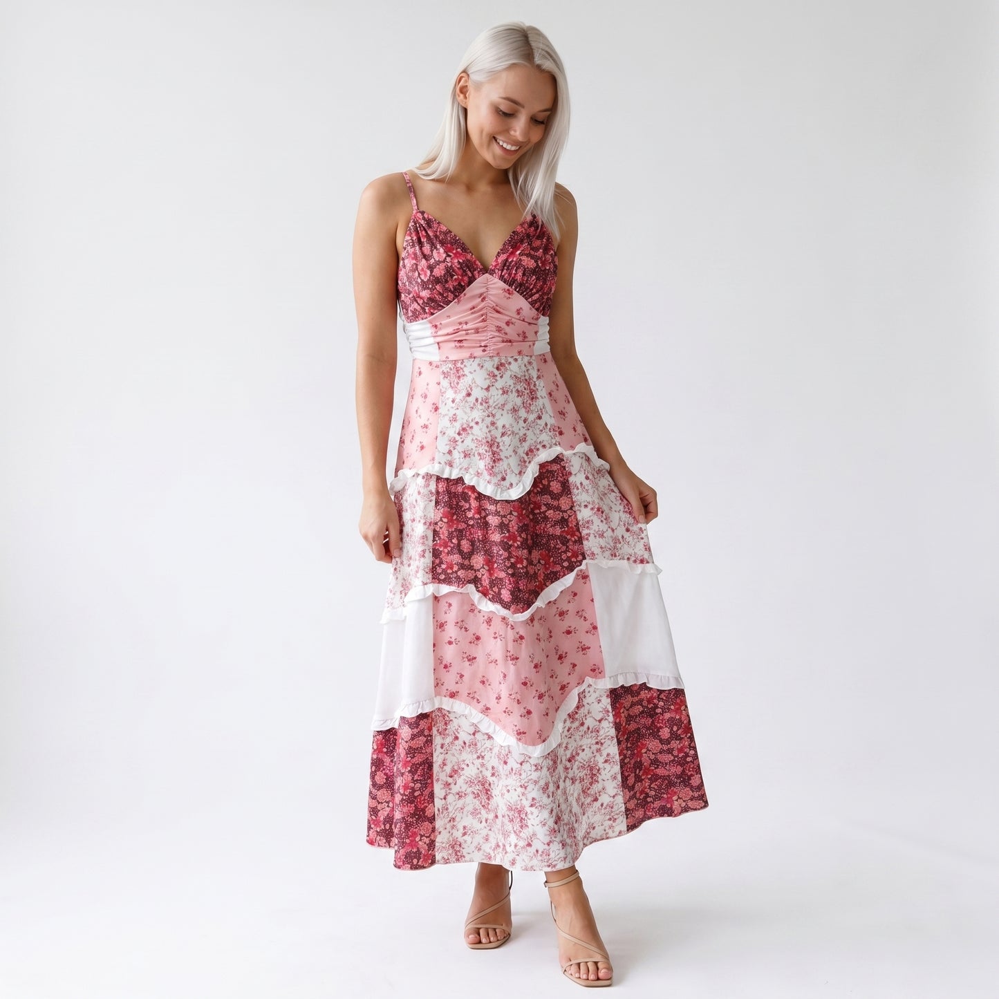 Wren Women's Maxi Dress Floral Patchwork Ruffle, Strappy