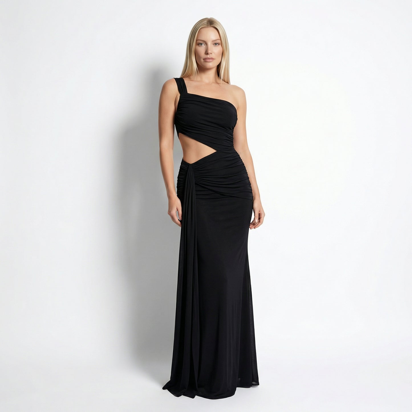 Zora Women's One Shoulder Ruched Maxi Dress, Side Cutout Slim Fit
