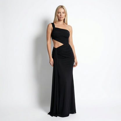 Zora Women's One Shoulder Ruched Maxi Dress, Side Cutout Slim Fit