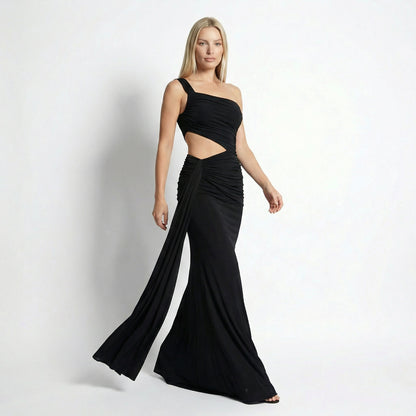 Zora Women's One Shoulder Ruched Maxi Dress, Side Cutout Slim Fit