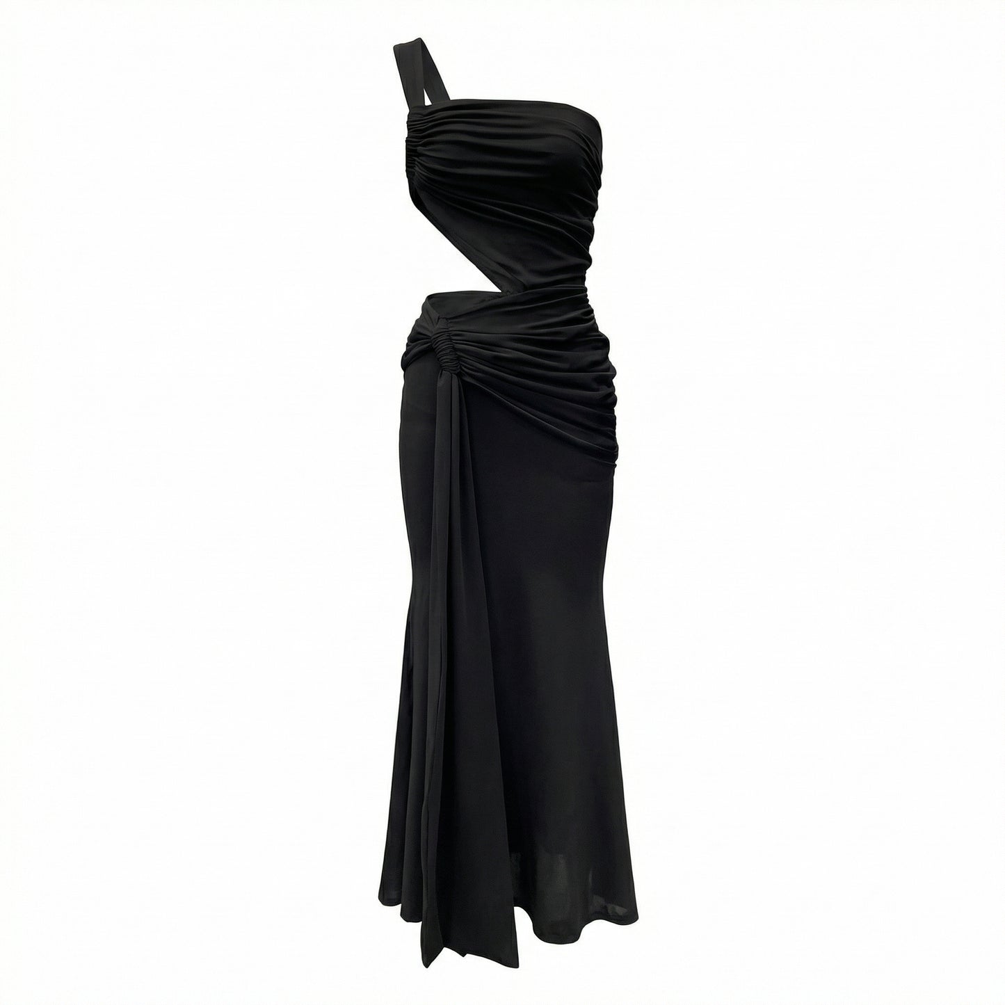 Zora Women's One Shoulder Ruched Maxi Dress, Side Cutout Slim Fit