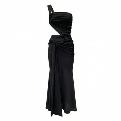 Zora Women's One Shoulder Ruched Maxi Dress, Side Cutout Slim Fit