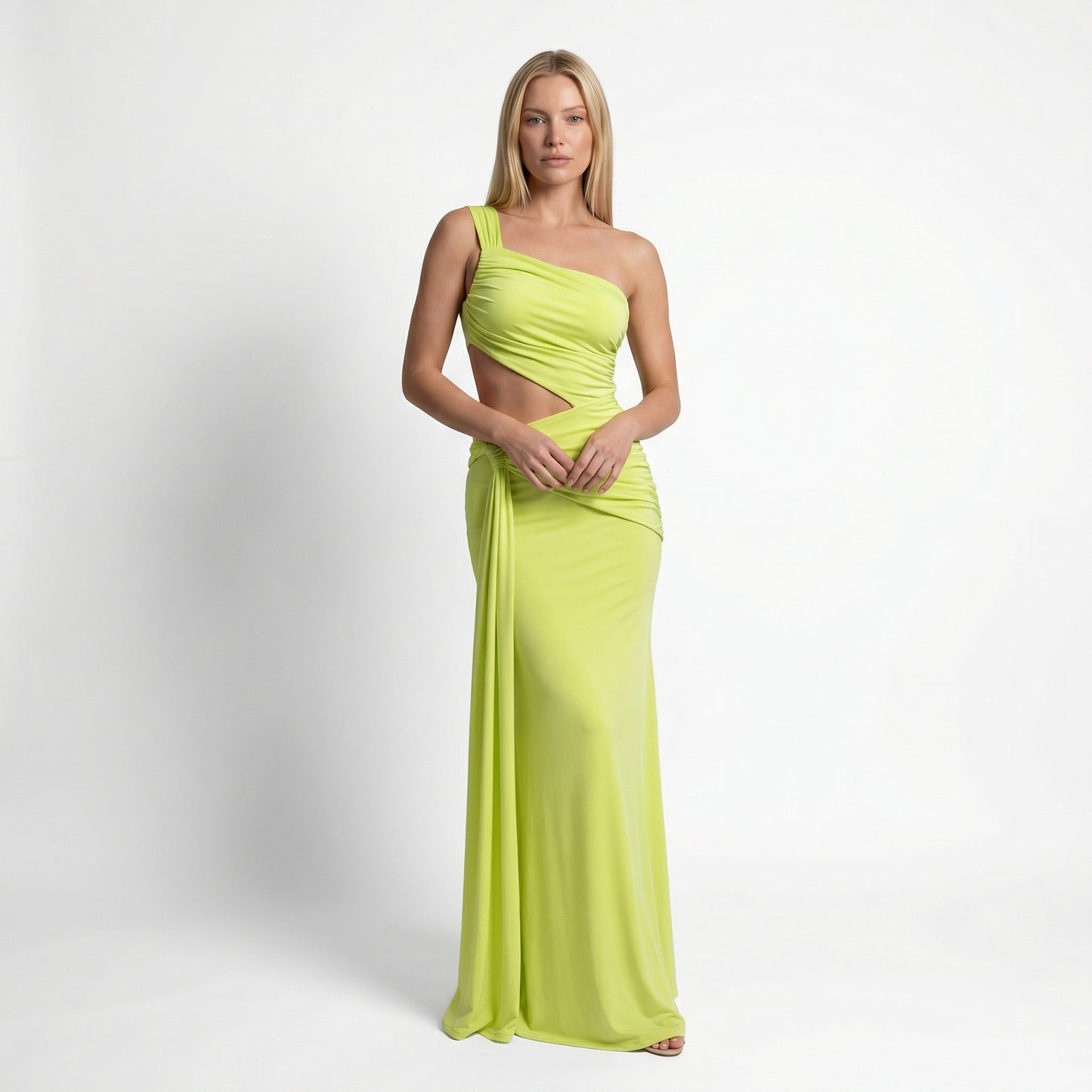 Zora Women's One Shoulder Ruched Maxi Dress, Side Cutout Slim Fit