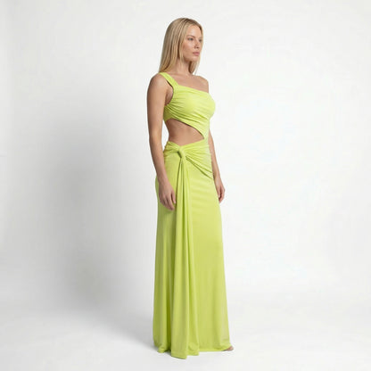 Zora Women's One Shoulder Ruched Maxi Dress, Side Cutout Slim Fit
