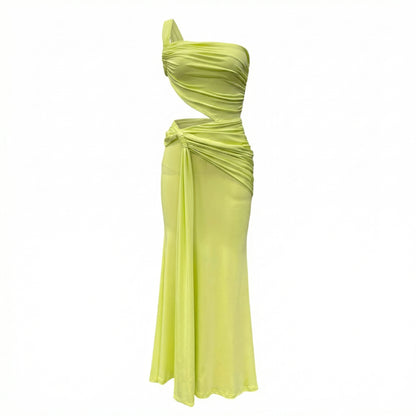 Zora Women's One Shoulder Ruched Maxi Dress, Side Cutout Slim Fit
