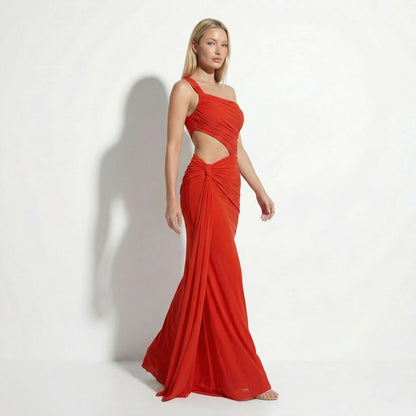 Zora Women's One Shoulder Ruched Maxi Dress, Side Cutout Slim Fit