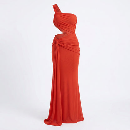 Zora Women's One Shoulder Ruched Maxi Dress, Side Cutout Slim Fit