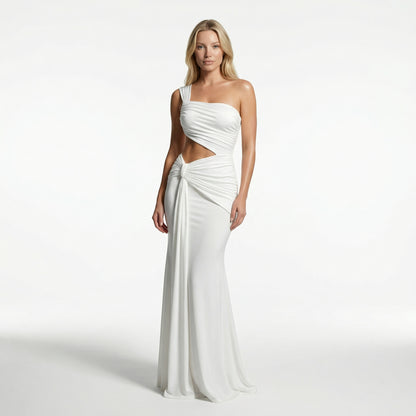 Zora Women's One Shoulder Ruched Maxi Dress, Side Cutout Slim Fit